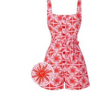 NEW! Rose Pink 1970s Boho Sun Print Button Romper - Size XL